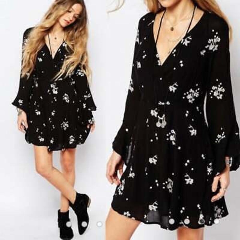 Free People Black Mini Dress with White Floral Print